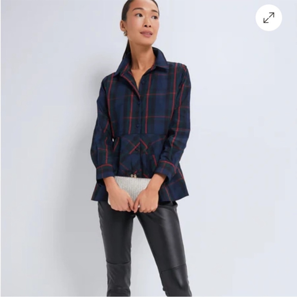 Tuckernuck POMANDER PLACE Fraser Plaid Ashlen Blouse Navy Blue Green Sz S - Picture 2 of 13